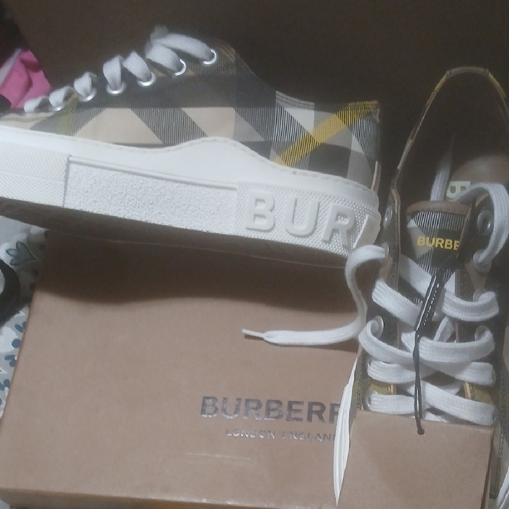 Burberry Beige and Yellow Plaid Sneakers